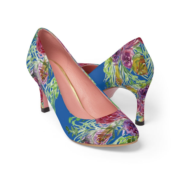 Sky Blue Bridal Wedding Floral Print Women's 3" High Heels Pumps Shoes (US Size:5-11)-3 inch Heels-US 7-Heidi Kimura Art LLC