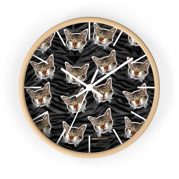 Black Tiger Stripe Cat Print Clock, Large 10" Dia. Indoor Calico Cat Wall Clocks- Made in USA-Wall Clock-10 in-Wooden-White-Heidi Kimura Art LLC
