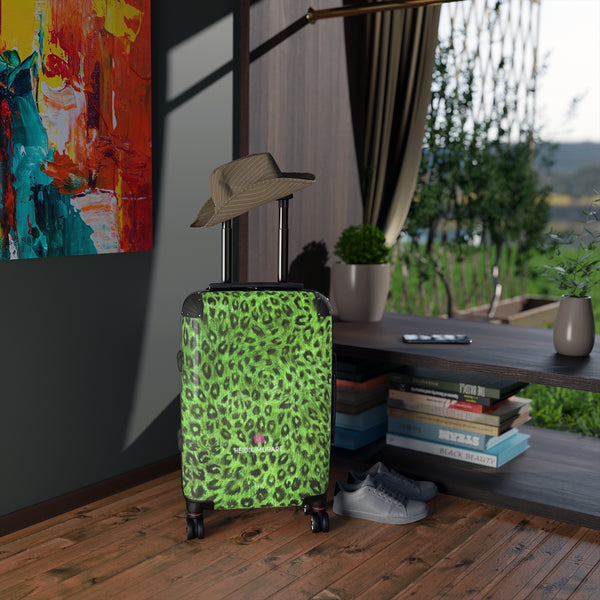 Green Leopard Print Cabin Suitcase, Animal Print Designer Carry On Polycarbonate Front and Hard-Shell Durable Small 1-Size Carry-on Luggage With 2 Inner Pockets & Built in Lock With 4 Wheel 360° Swivel and Adjustable Telescopic Handle - Made in USA/UK (Size: 13.3" x 22.4" x 9.05", Weight: 7.5 lb) Unique Cute Carry-On Best Personal Travel Bag Custom Luggage - Gift For Him or Her 