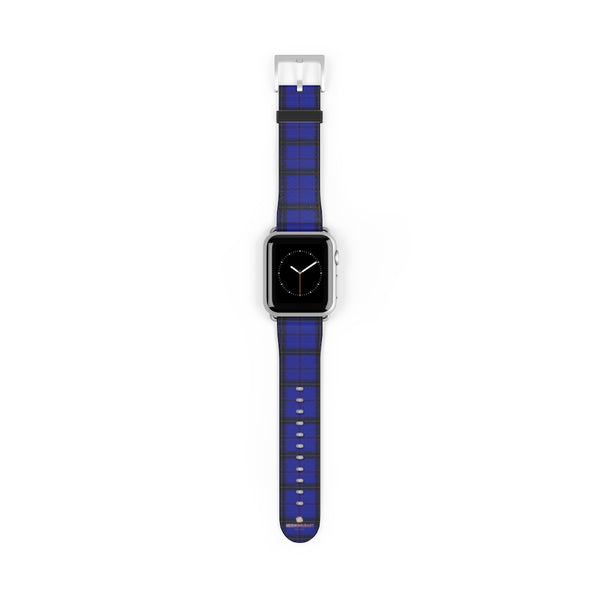 Blue Plaid Tartan Scottish Print 38mm/42mm Watch Band For Apple Watch- Made in USA-Watch Band-38 mm-Silver Matte-Heidi Kimura Art LLC