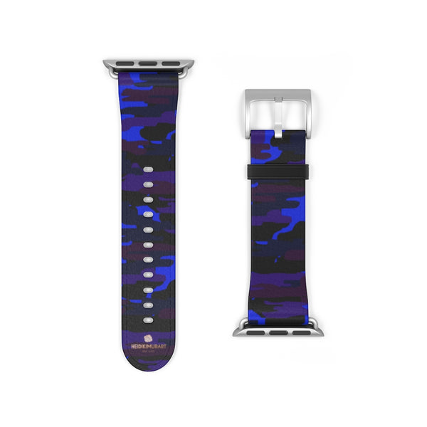 Purple Blue Dark Camo Camouflage Print Watch Band For Apple Watches- Made in USA-Watch Band-38 mm-Silver Matte-Heidi Kimura Art LLC
