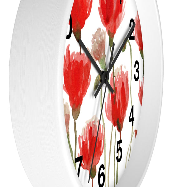 Red Poppy Floral Wall Clock,  Best Numeric Floral 10 inch Diameter Flower Wall Clock-Made in USA, Large Round Wood Girl Children Bedroom Wall Clock