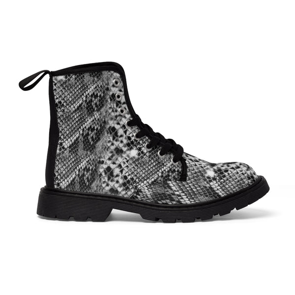 Grey Snake Print Women's Boots, Snake Print Elegant Feminine Casual Fashion Gifts, Grey Snake Print Shoes For Reptile Lovers, Combat Boots, Designer Women's Winter Lace-up Toe Cap Hiking Boots Shoes For Women (US Size 6.5-11)