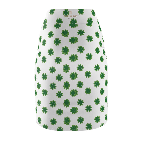 Irish White Green Clover Leaf Print St. Patrick's Day Women's Pencil Skirt- Made in USA-Pencil Skirt-Heidi Kimura Art LLC