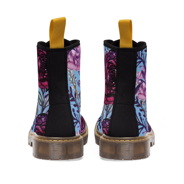 Blue Purple Floral Women's Boots, Vintage Style Designer Flower Print Hiking Boots For Ladies