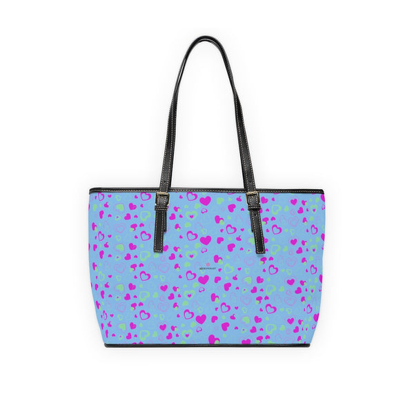 Blue Pink Hearts Tote Bag, PU Leather Shoulder Hand Work Bag