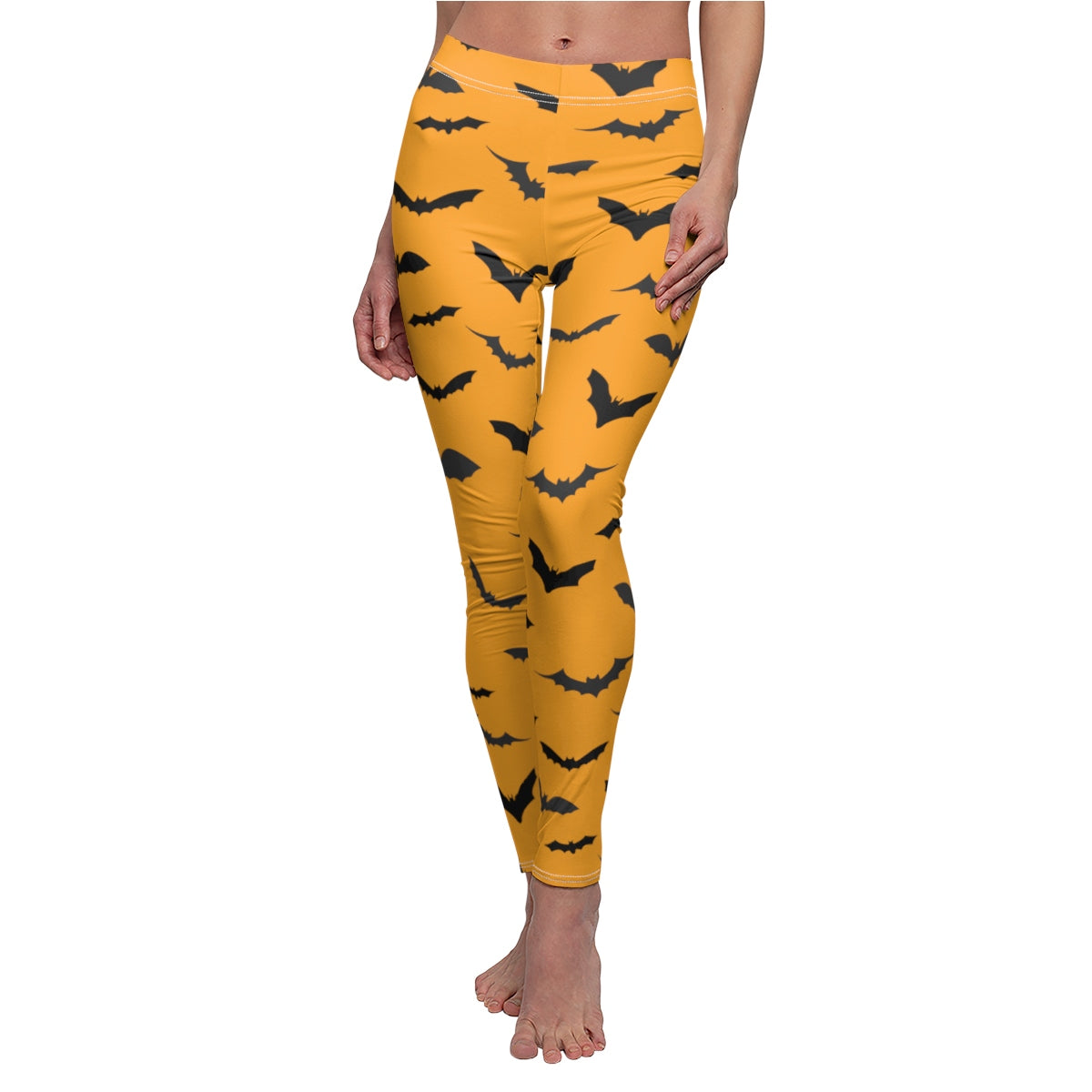 Orange Black Bats Print Women's Halloween Costume Casual Leggings-Made in USA-Casual Leggings-White Seams-M-Heidi Kimura Art LLC
