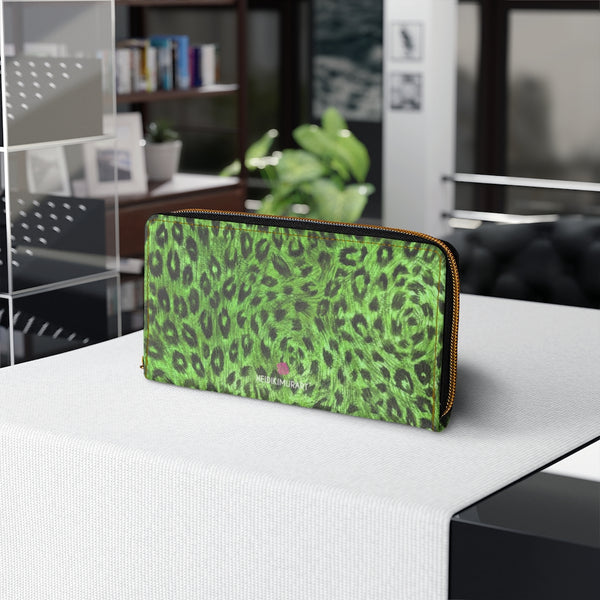 Green Leopard Print Zipper Wallet, Animal Print Best 7.87" x 4.33" Luxury Cruelty-Free Faux Leather Women's Wallet & Purses Compact High Quality Nylon Zip & Metal Hardware, Luxury Long Wallet Card Cases For Women