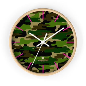 Green Camouflage Camo Army Military Print 10 in. Dia. Indoor Wall Clock- Made in USA-Wall Clock-10 in-Wooden-White-Heidi Kimura Art LLC