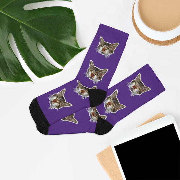 Purple Cat Print Socks, Designer Cute Calico Cat 1-Size Knit Unisex Socks- Made in USA-Socks-One size-Heidi Kimura Art LLC