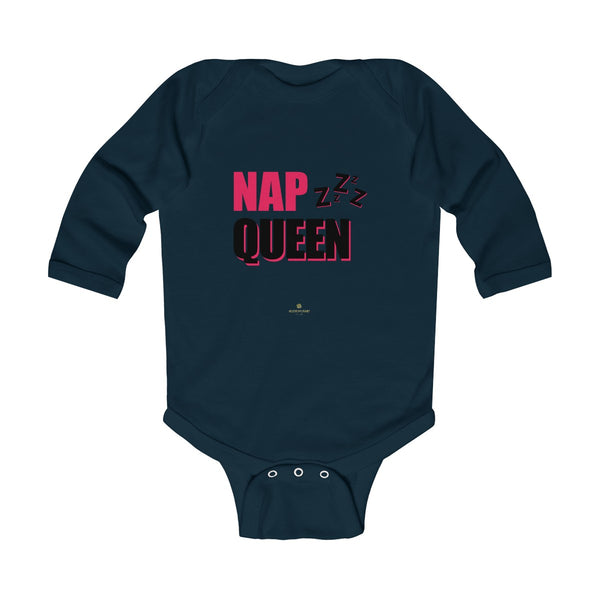 Cute Nap Queen Pink Baby Girls Infant Kids Long Sleeve Bodysuit -Made in USA-Infant Long Sleeve Bodysuit-Navy-NB-Heidi Kimura Art LLC