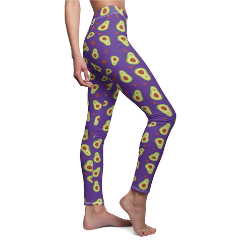 Purple Avocado Cute Print Women's Dressy Long Casual Leggings- Made in USA-All Over Prints-White Seams-M-Heidi Kimura Art LLC