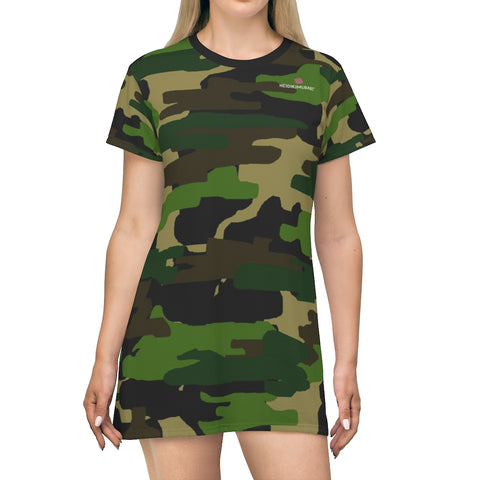 Green Camouflage T-Shirt Dress, Military Army Camo Print Designer Crew Neck Women's Long Tee T-shirt Dress-Made in USA (US Size: XS-2XL)