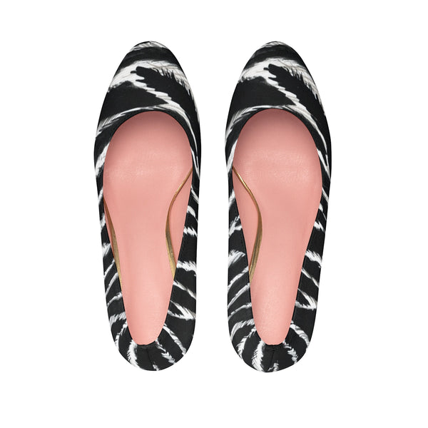 Zebra Black White Animal Stripe Print Designer Women's Platform Heels (US Size: 5-11)-4 inch Heels-Heidi Kimura Art LLC