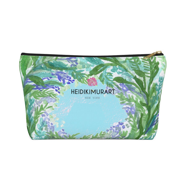 Blue Floral Print Accessory Pouch with T-bottom, French Lavender Floral Designer Makeup Bag-Accessory Pouch-Black-Large-Heidi Kimura Art LLC