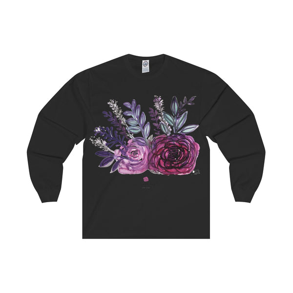 Rose Floral Print Premium Women's Designer Long Sleeve Tee - Made in USA-Long-sleeve-Black-S-Heidi Kimura Art LLC