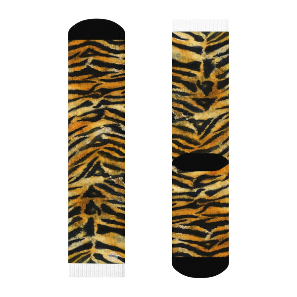 Tiger Stripe Print Socks, Best Luxury Orange Animal Print Designer Women's/ Men's Socks-Socks-Crew-Heidi Kimura Art LLC