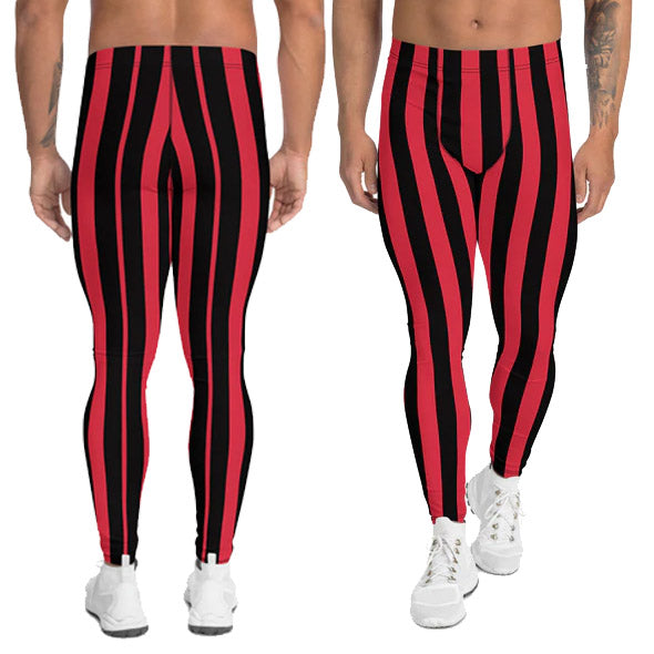 Red Black Striped Men's Leggings, Colorful Best Circus Stripes Print Sexy Meggings Men's Workout Gym Fashion Tights Leggings, Men's Compression Tights Pants - Made in USA/ EU/ MX (US Size: XS-3XL)
