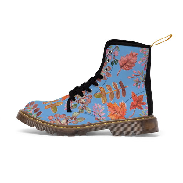 Blue Fall Leaves Women's Boots, Autumn Fall Leaves Print Women's Boots, Combat Boots, Designer Women's Winter Lace-up Toe Cap Hiking Boots Shoes For Women (US Size 6.5-11) Fall Leaves Fashion Canvas Shoes, Fall Leaves Print Winter Boots, Autumn Leaves Printed Boots For Ladies, Colorful Boots For Women