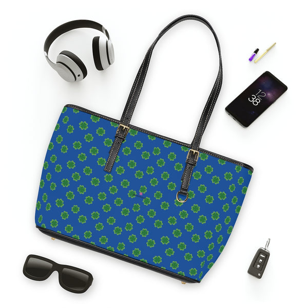 Blue Green Clovers Tote Bag, PU Leather Shoulder Hand Work Bag