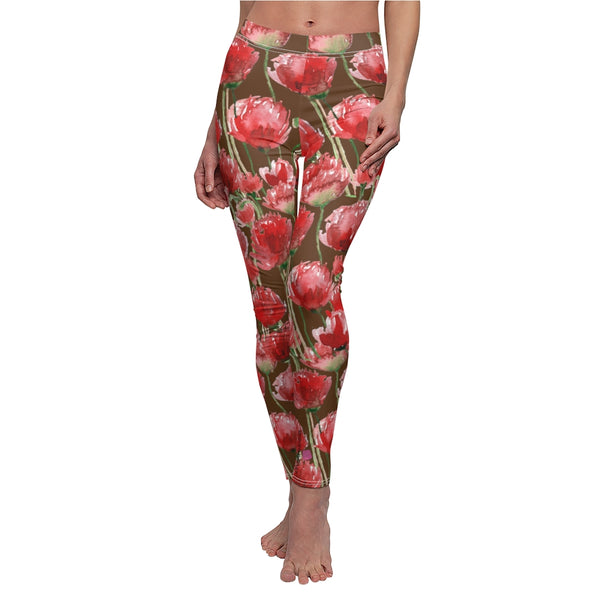 Brown Poppy Floral Casual Tights, Women's Floral Casual Leggings