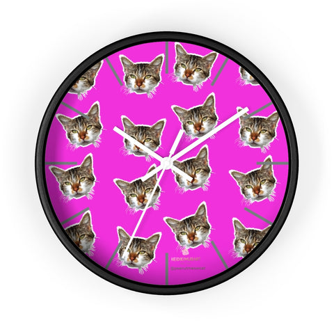 Hot Pink Cat Print Wall Clock, Calico Cat Large Unique 10" Dia. Indoor Clocks- Made in USA-Wall Clock-10 in-Black-White-Heidi Kimura Art LLC