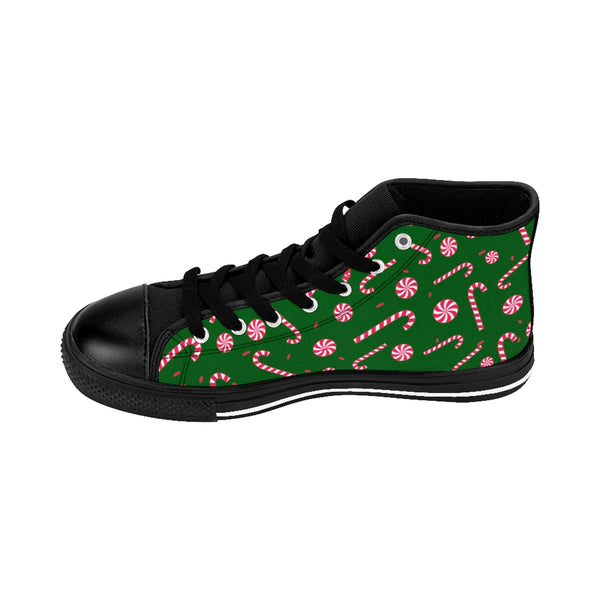 Dark Green Christmas Red White Candy Cane Men's High-Top Sneakers Shoes-Men's High Top Sneakers-Heidi Kimura Art LLC