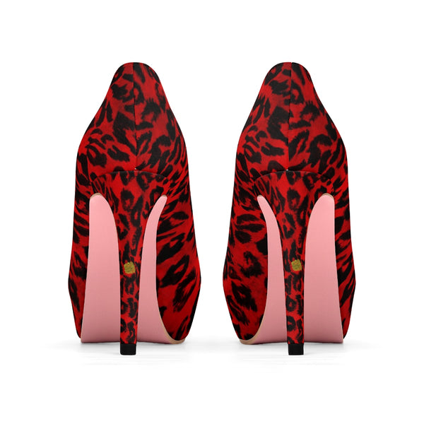 Hot Red Snow Leopard Animal Print Women's Platform Heels Pumps (US Size: 5-11)-4 inch Heels-US 7-Heidi Kimura Art LLC