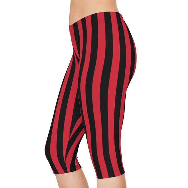 Red Striped Women's Capri Leggings, Knee-Length Polyester Capris Tights-Made in USA (US Size: XS-2XL)