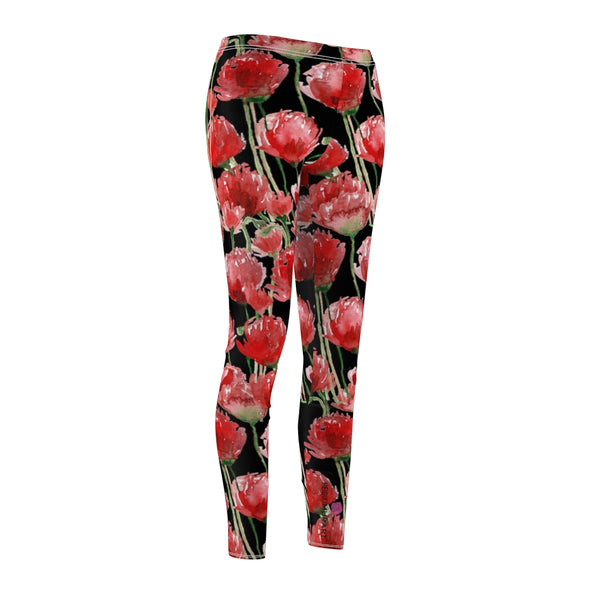 Black Poppy Floral Casual Tights, Women's Floral Casual Leggings