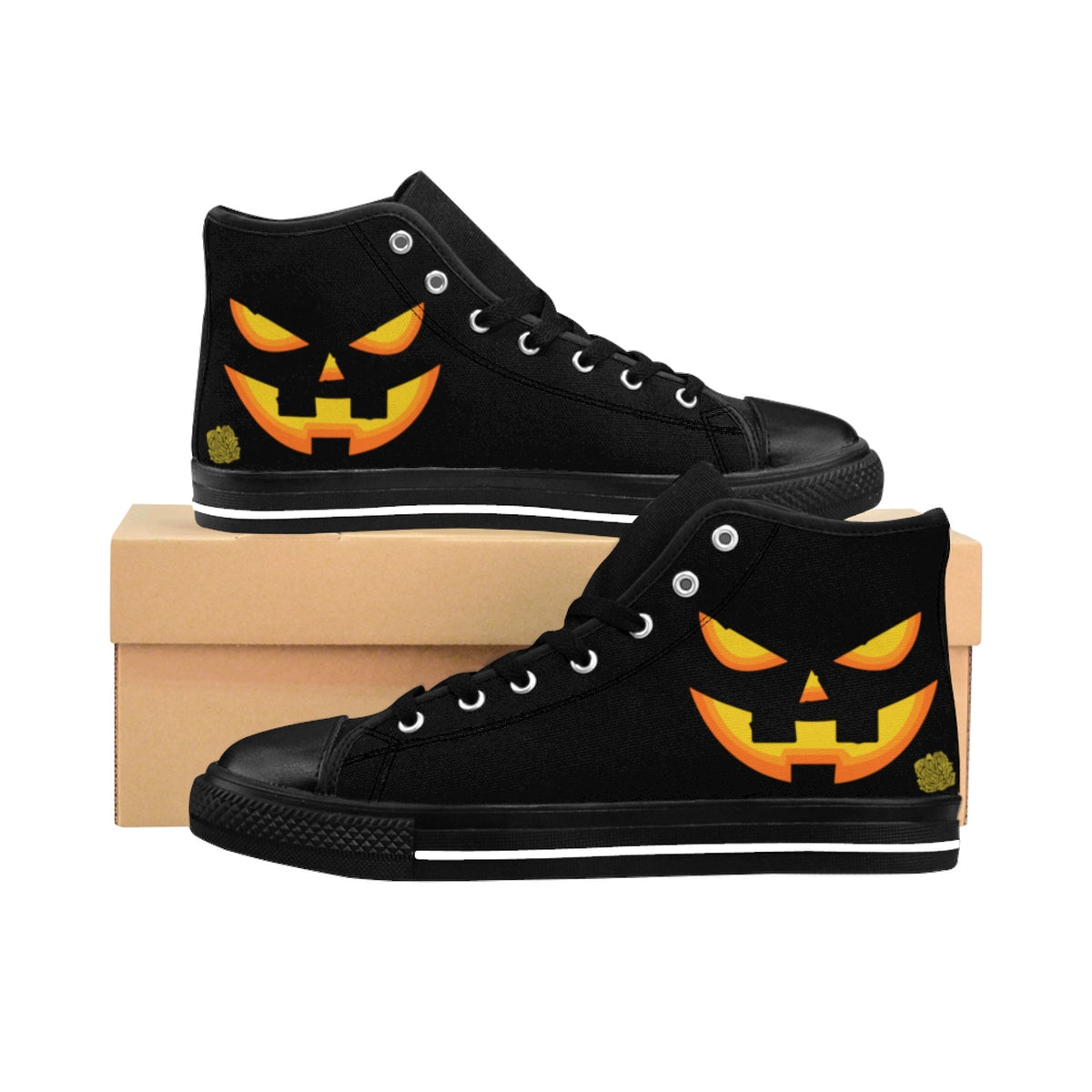 Men's Halloween Orange Creepy Pumpkin Face Men's High-Top Sneakers-Men's High Top Sneakers-Black-US 9-Heidi Kimura Art LLC