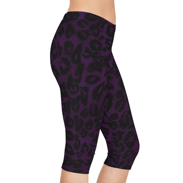 Purple Leopard Women's Capri Leggings, Knee-Length Polyester Capris Tights-Made in USA (US Size: XS-2XL)