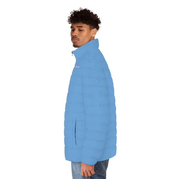 Pastel Blue Color Men's Jacket, Solid Blue Color Best Casual Men's Winter Jacket, Best Modern Minimalist Classic Solid  Color Regular Fit Polyester Men's Puffer Jacket With Stand Up Collar (US Size: S-2XL)