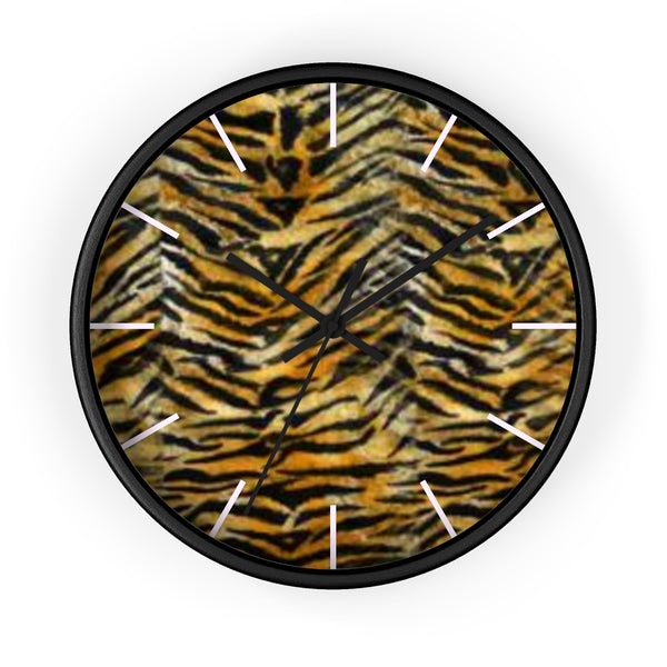 Orange Tiger Striped Wall Clock, Animal Faux Fur Print 10 in. Dia. Wall Clock-Made in USA-Wall Clock-Black-Black-Heidi Kimura Art LLC