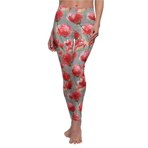 Grey Poppy Flower Tights, Best Grey and Red Poppy Flower Cute Elegant Chic Designer Watercolor Floral Print Skinny Fit Best Long Women's Tights / Fashion Floral Print Skinny Fit Designer Premium Quality Casual Leggings - Made in USA (US Size: XS-2XL) Plus Size Available&nbsp;