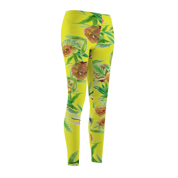 Lemon Yellow Rose Floral Print Women's Tights / Casual Leggings - Made in USA-Casual Leggings-Heidi Kimura Art LLC
