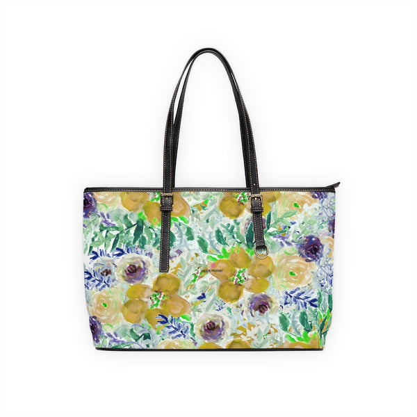Yellow Floral Rose Tote Bag, Flower Print Best Stylish Flower Printed PU Leather Shoulder Large Spacious Durable Hand Work Bag 17"x11"/ 16"x10" With Gold-Color Zippers & Buckles & Mobile Phone Slots & Inner Pockets, All Day Large Tote Luxury Best Sleek and Sophisticated Cute Work Shoulder Bag For Women With Outside And Inner Zippers