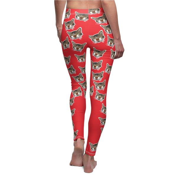 Red Brown Peanut Meow Cat Cute Calico Print Women's Fancy Casual Leggings- Made in USA-All Over Prints-Heidi Kimura Art LLC