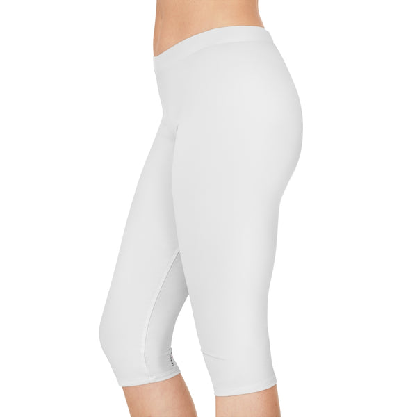 White Color Women's Capri Leggings, Knee-Length Polyester Capris Tights-Made in USA (US Size: XS-2XL)