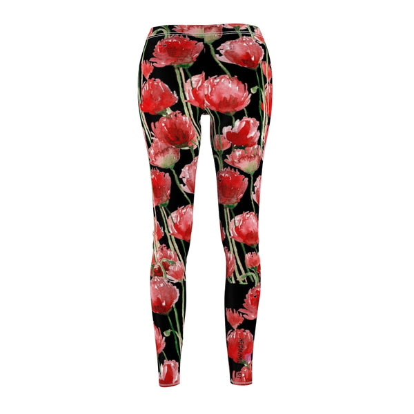 Black Poppy Floral Casual Tights, Women's Floral Casual Leggings