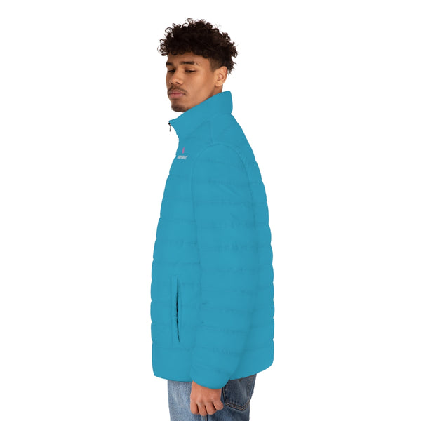 Turquoise Blue Color Men's Jacket, Solid Blue Color Best Casual Men's Winter Jacket, Best Modern Minimalist Classic Solid  Color Regular Fit Polyester Men's Puffer Jacket With Stand Up Collar (US Size: S-2XL)