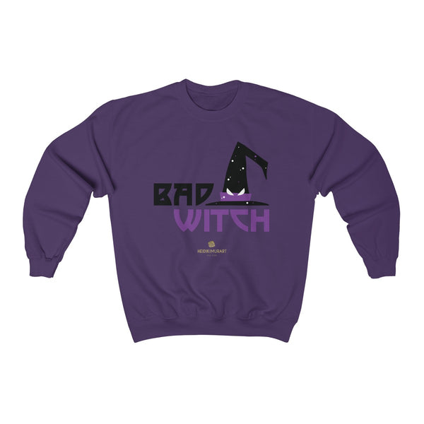 Halloween Sweatshirt, Bad Witch Unisex Heavy Blend Crewneck Shirt-Made in USA (US Size: S-5XL)-Long-sleeve-Purple-S-Heidi Kimura Art LLC