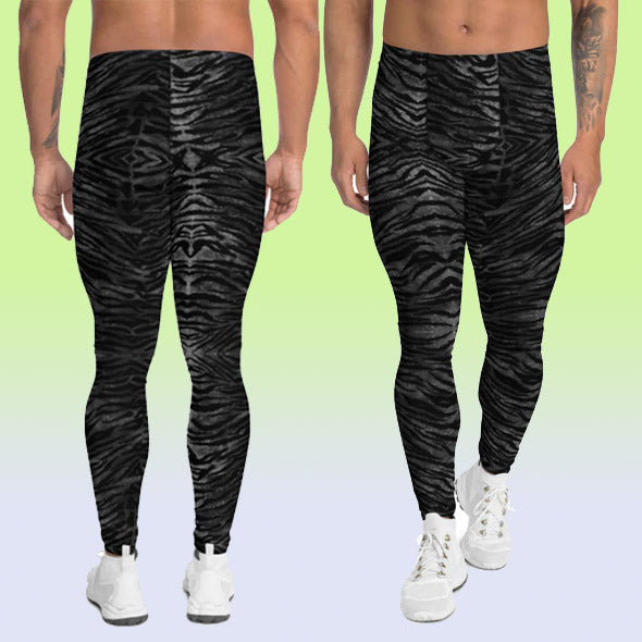 Black Tiger Striped Print Meggings, Sexy Animal Print Designer Men's Leggings Tights Pants - Made in USA/MX/EU (US Size: XS-3XL) Sexy Meggings Men's Workout Gym Tights Leggings, Compression Tights