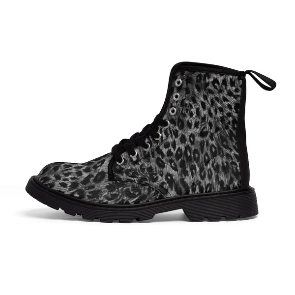 Grey Leopard Men's Canvas Boots, Wild Animal Print Designer Winter Laced-up Boots For Men-Shoes-Printify-Heidi Kimura Art LLC