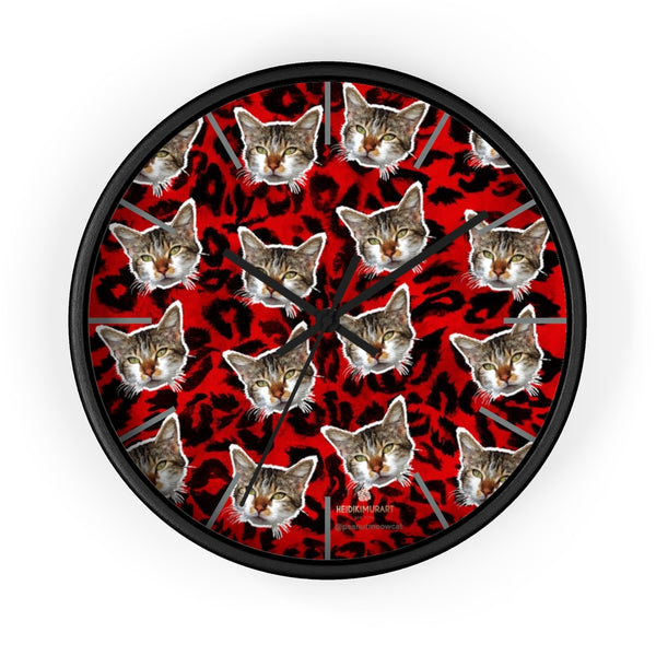 Red Leopard Cat Wall Clock, Peanut Meow Cat Print 10" Dia. Large Clocks- Made in USA-Wall Clock-10 in-Black-Black-Heidi Kimura Art LLC