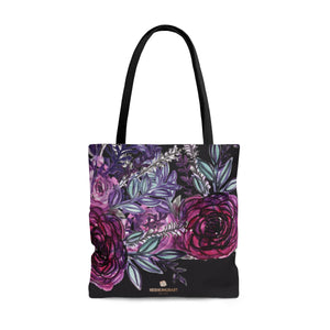 Black Red Rose Flower Floral Print Designer Women's Tote Bag - Made in USA-Bags-Large-Heidi Kimura Art LLC Purple Rose Print Tote Bag, Black Red Rose Flower Floral Print Designer Women's Tote Bag - Made in USA