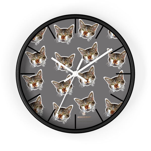 Gray Cat Print Wall Clock, Cute Calico Cat Unique 10" Dia. Indoor Wall Clocks- Made in USA-Wall Clock-10 in-Black-White-Heidi Kimura Art LLC