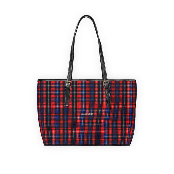 Red Plaid Print Tote Bag, PU Leather Shoulder Hand Work Bag