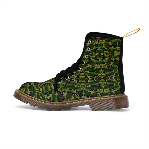 Green Camo Men's Canvas Boots, Multi-Camo Lace Up Combat Canvas Boots Shoes For Men, Best Camouflage Camo Army Military Print Combat Work Hunting Laced Up Hiking Boots, Anti Heat + Moisture Designer Men's Winter Boots Hiking Shoes (US Size: 7-10.5)