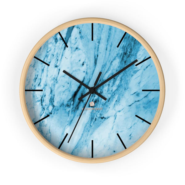 Blue White Marble Print Art Large Indoor 10" inch dia. Designer Wall Clock-Made in USA-Wall Clock-10 in-Wooden-Black-Heidi Kimura Art LLC